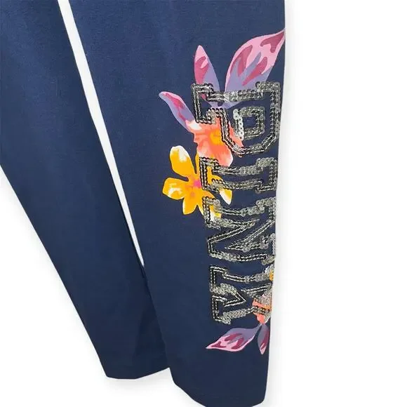 NWOT PINK Bling Sequin Floral Yoga Leggings Navy Blue Cotton Comfy Size Small - Picture 3 of 8